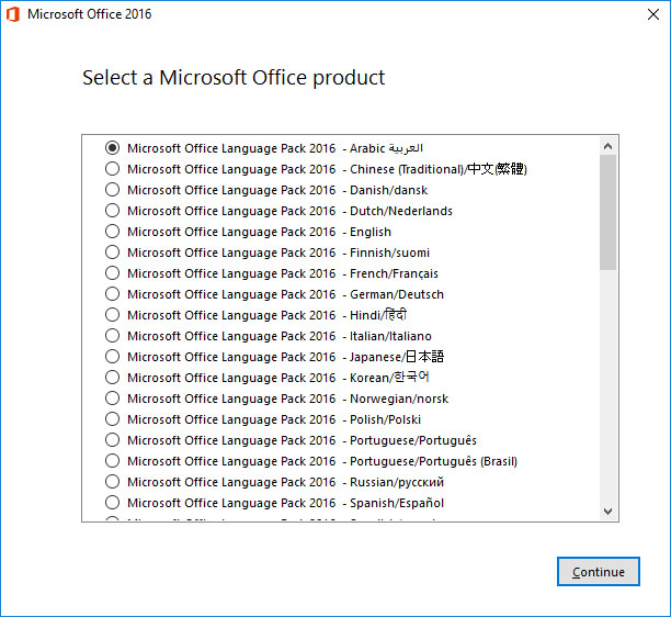 A képen a választható Microsoft Office termékek vannak felsorolva